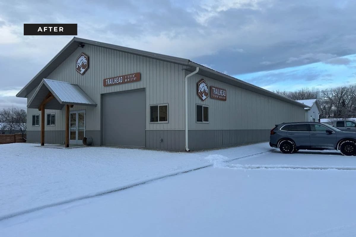 Angled profile view of the completed Trailhead Student Ministry commercial metal building project by Buffalo Built LLC.
