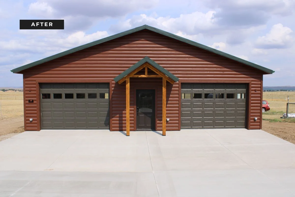 Completed commercial shop building featuring log lap siding, dark garage doors, and a concrete driveway by Buffalo Built LLC.