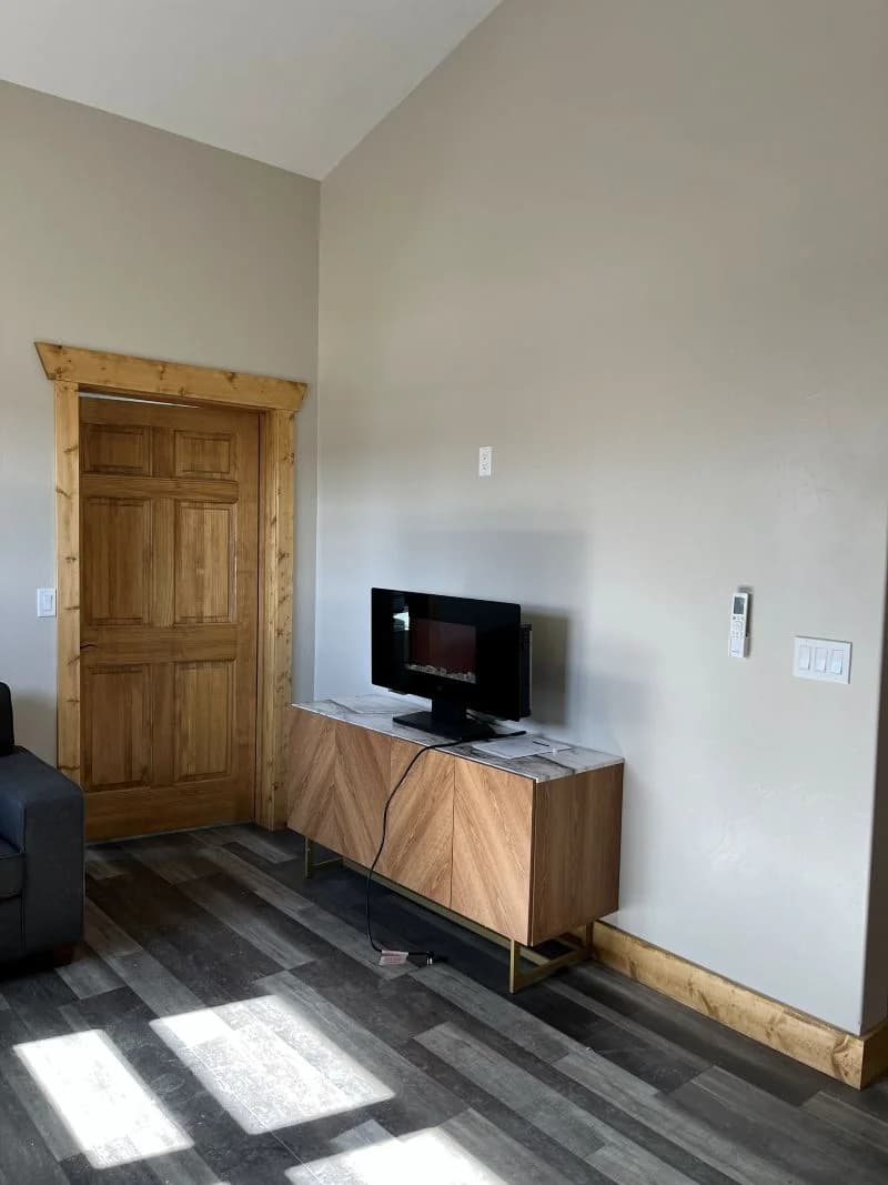 Modern living room remodel showcasing custom natural wood door casing and matching grey plank flooring by Buffalo Built LLC.